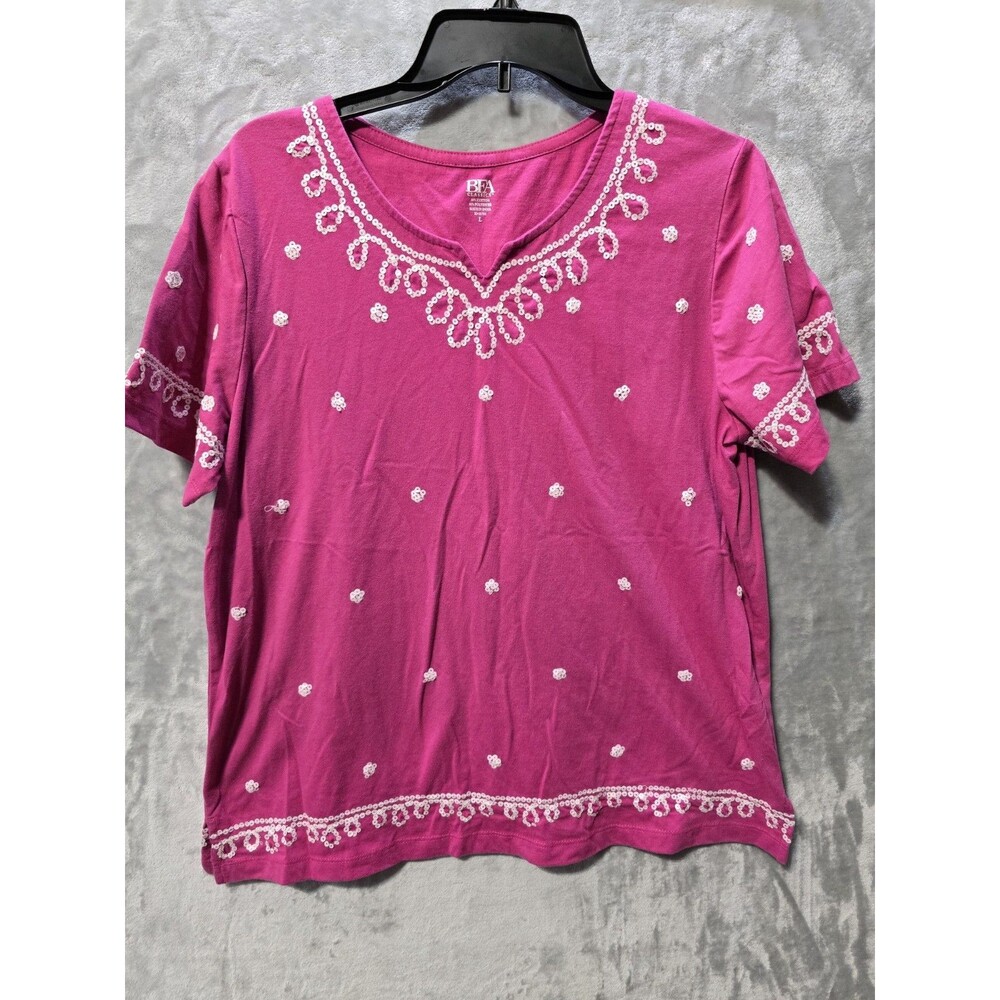 Vintage BFA Blouse Shirt Womens Large Pink White Swirl Sequins